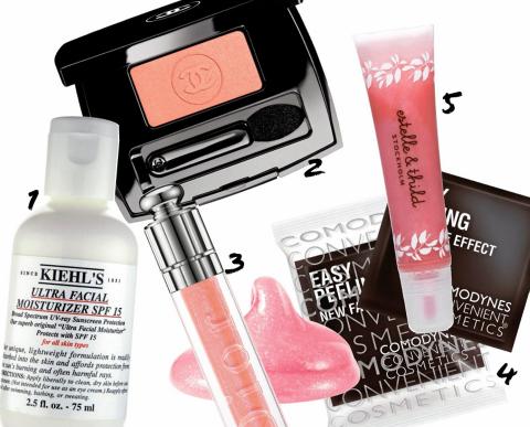 HVERDAGSGL�D: 1: Kiehl`s Ultra facial moisturizer, kr 190. 2: Chanel Ombre essentielle i 92 Rose de mai, kr 265. 3: Dior Addict ultra-gloss i socialite pink, kr 255. 4: Comodynes Easy peeling servietter, kr 129. FOTO: Produsentene