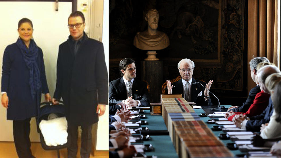 BESTEFAR KUNNGJORDE NAVNET: Kong Carl Gustaf, flankert av sin prinses�nn Carl Philip, offentliggjorde i dag navnet p� sitt nye barnebarn, prinsesse Estelle Silvia Ewa Mary. Foto: Scanpix