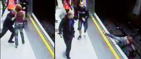 Her dytter villmannen et tilfeldig offer (23) ned p� t-banesporet