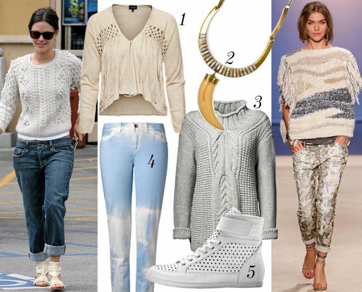 Til venstre: Rachel Bilson i genser fra Isabel Marant. Catwalk: Isabel Marant ss 2012. 1. Genser fra KappAhl, kr 399. 2. Smykke fra Mango, kr 249. 3. Genser fra Tiger of Sweden, kr 2499. 4. Bukse fra Mango, kr 399. 5. Sneakers fra La Redoute, kr 599. FOTO: Stella, Catwalkpix og produsentene.