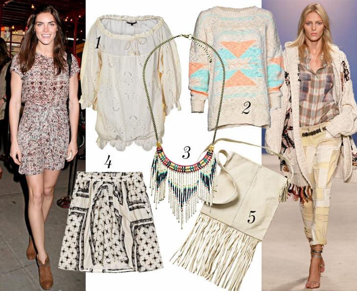 Til venstre: Modell Hilary Rhoda i kjole fra Marant. Til h�yre: Isabel Marant ss 2012.  1. Topp fra Munthe plus Simonsen, kr 1899. 2. Genser fra Mango, kr 399. 3. Smykke fra Accessorize, ca kr 160. 4. Skj�rt fra Zara, kr 559. 5. Veske fra KappAhl, kr 399.  FOTO: Stella, Catwalkpix og produsentene.