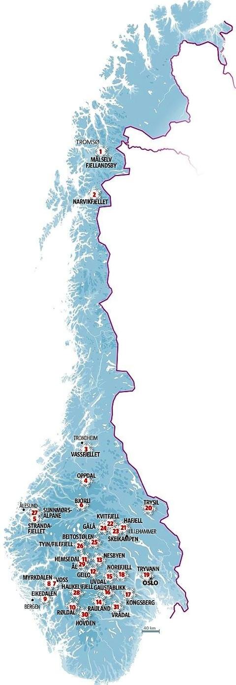 SKIANLEGG: 31 anlegg fra hele Norge er med. Grafikk: KJELL ERIK BERG
