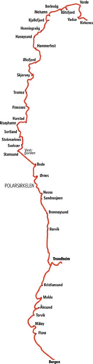 HURTIGRUTEN: Anl�pssteder mellom Bergen og Kirkenes. Grafikk: KJELL ERIK BERG