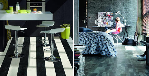 TRENDY GULV: Noen av Tarketts gulvnyheter er gulv med sterke grafiske m�nstre og olabukse-farge. Foto: Tarkett/Produsenten