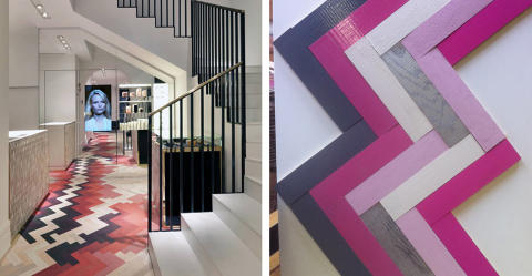 PARKETT MED NY VRI: Denne parketten er langt fra gammeldags. Bildet til venstre er fra designeren Stella McCartneys butikk i Milano. Foto: McKay Flooring/Produsenten