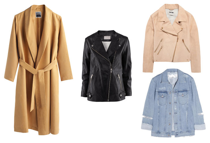 ENDELIG V�R: Trenchcoat fra Weekday, 900 kroner, bikerjakke fra H&M, 1499 kroner, jakke i semsket skinn fra Acne, 11 445 kroner, og denimjakke fra Acne, 4500 kroner. Foto: Produsentene / Net-a-porter.com