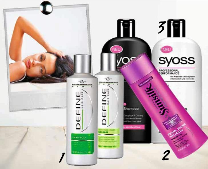 FAVORITTSJAMPO: Det finnes mange sjampoer i dagligvarebutikken din, her er tre av v�re favoritter: Syoss, Define og Sunsilk. FOTO: Bulls og produsentene