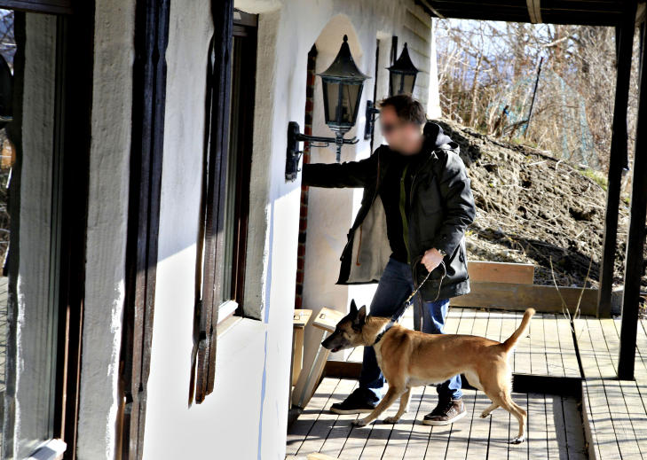 NARKOHUND: Politiet brukte narkotika- og våpenhunden «Lille» under den omfattende ransakingen av 36-åringens bolig på Romerike, en stor tyrolervilla. Foto: JACQUES HVISTENDAHL NARKOHUND: Politiet brukte narkotika- og våpenhunden «Lille» under den omfattende ransakingen av 36-åringens bolig på Romerike, en stor tyrolervilla. Foto: JACQUES HVISTENDAHL