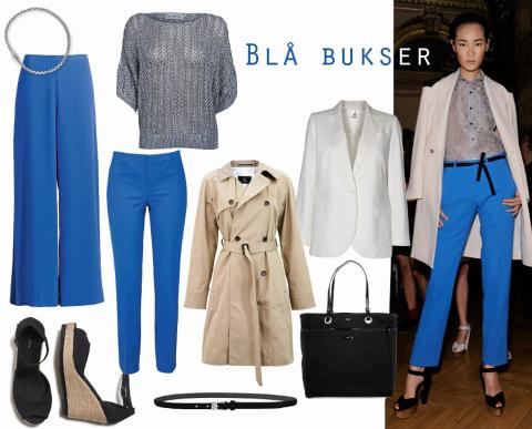 BL�TT: Modellen i freshe bl� bukser gikk visningen til Roland Mouret denne sesongen. Vide bl� bukser fra H&M, kr 299, smale bukser fra Gina Tricot, kr 299, svarte sandaler med kileh�l fra Lindex, kr 249, trenchcoat fra Bruuns Bazaar, kr 3199, gr� genser fra Soaked, kr 599, hvit blazer fra Day Birger et Mikkelsen, kr 2799, s�lvarmb�nd fra Bottega Veneta/Net-a-porter.com, kr 2000, svart belte fra Part Two, kr 399, svart veske fra Anya Hindmarch/Net-a-porter.com, kr 4450. Foto: James Cochrane/Kim Arnold Weston og produsentene