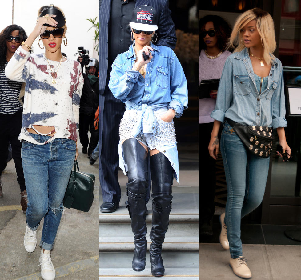 STILIKON: Barbadiske Rihanna har gjennomg�tt et lite stilskifte den siste tida. Store jeans, korte magetopper, capser og st�vletter er blant popstjernas garderobefavoritter. Foto: Stella Pictures
