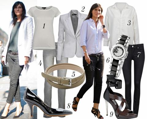 EMMANUELE ALT: 1: T-skjorte fra Cubus, kr 99. 2: Blazer fra Gina Tricot, kr 399. 3: Skjorte fra Bik Bok, kr 299. 4: Bukse fra MQ, kr 499. 5: Belte fra Mango, kr 199. 6: Klokke fra Dyrberg/ KErn, kr 1499. 7: Jeans fra Cubus, kr 199. 8: Pumps fra Mango, kr 399. 9: Sandaler fra by Malene Birger, kr 3499. Foto: Catwalkpix og produsentene.