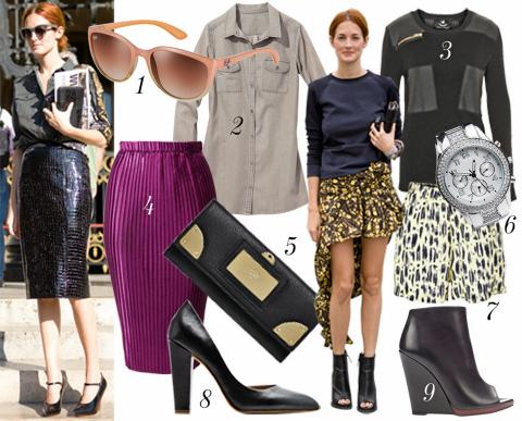 TAYLOR TOMASI HILL: 1: Solbriller fra Ray Ban, kr 1075. 2: Skjorte fra Ellos, kr 299. 3: Milit�rinspirert genser fra Munthe plus Simonsen, kr 1499. 4: Skj�rt fra H&M, kr 399. 5: Stor lommebok fra Mulberry, kr 3000. 6: Klokke fra Glitter, kr 299. 7: Skj�rt fra Vero Moda, kr 129. 8: Pumps fra Mango, kr 599. Ankelst�vlett med peeptoe fra Zara, kr 759. Foto: Catwalkpix og produsentene.