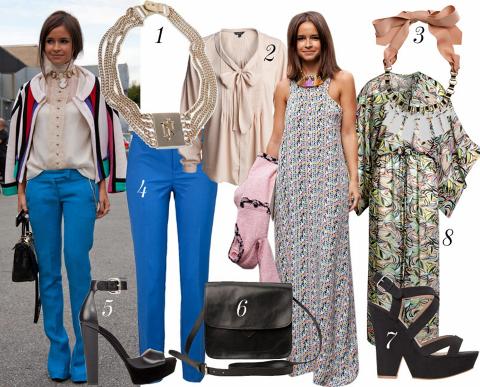 MIROSLAVA DUMA: 1: Smykke fra Nina Jarebrink, kr 1399. 2: Bluse fra Lindex, kr 299. 3: Smykke fra by Malene Birger, kr 799. 4: Bl� bukser fra Gina Tricot, kr 299. 5: Sandaler fra Zara, kr 799. 6: Veske fra Bianco, kr 599. 7: Sandal med kileh�l fra Bik Bok, kr 499. 8: Kjole fra H&M, kr 199.  Foto: Catwalkpix og produsentene.