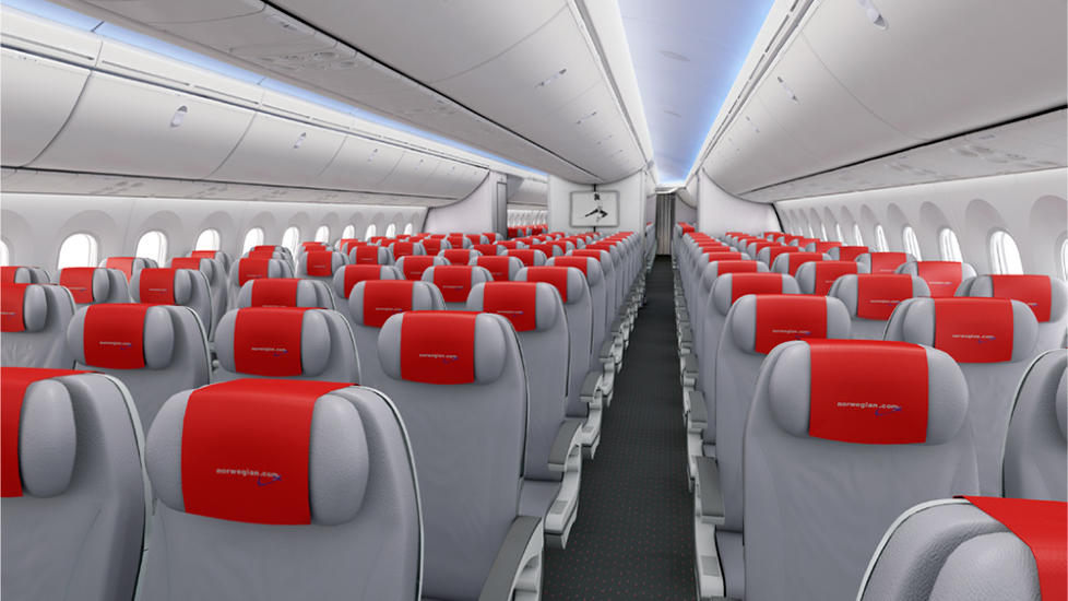 DREAMLINER: Dette er slik Norwegians Dreamlinere kommer til � se ut p� innsiden, og det er f�rste gang selskapet viser hvordan flyene vil se ut i Norwegian-drakt. Illustrasjon: BOEING/NORWEGIAN