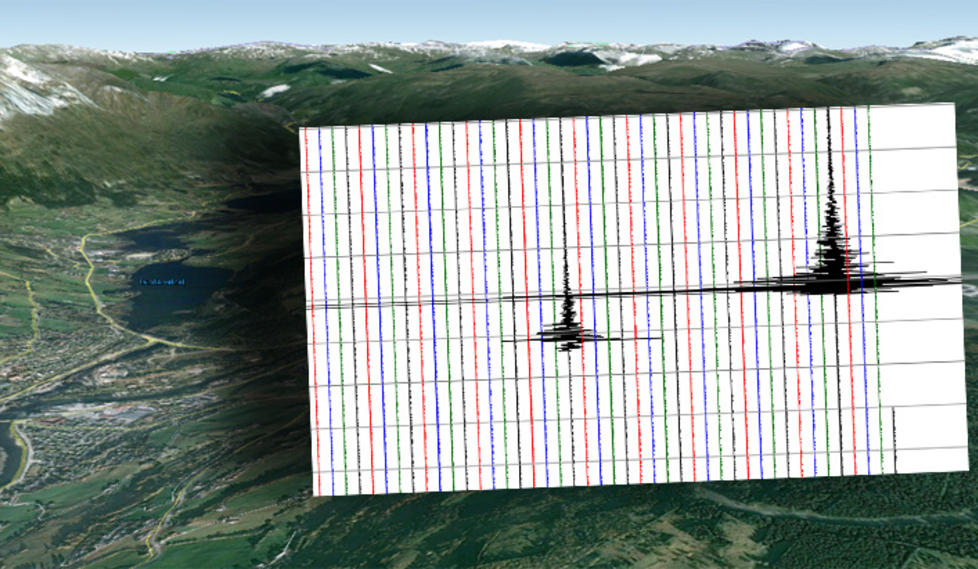 TO SKJELV:  Skjelvene som hadde en styrke p� henholdsvis 3,2 og 3,3 sl� kraftig p� de seismiske m�lingene. Graf: Norsk nasjonalt Seismisk Nettverk, Institutt for geovitenskap, Universitet i Bergen/GoogleMap