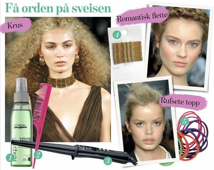 F� ORDEN P� SVEISEN: 1. Volum�spray, L'Or�al Professional, kr 139,- 2. Tuperingskam fra Lindex, kr 19,- 3.Pearl Curler kr�lltang fra Remington, kr 449,- 4. Spenner fra Lindex, kr 19,50,- 5.Strikk fra H&M, kr 19,-. Foto: Bulls og produsentene