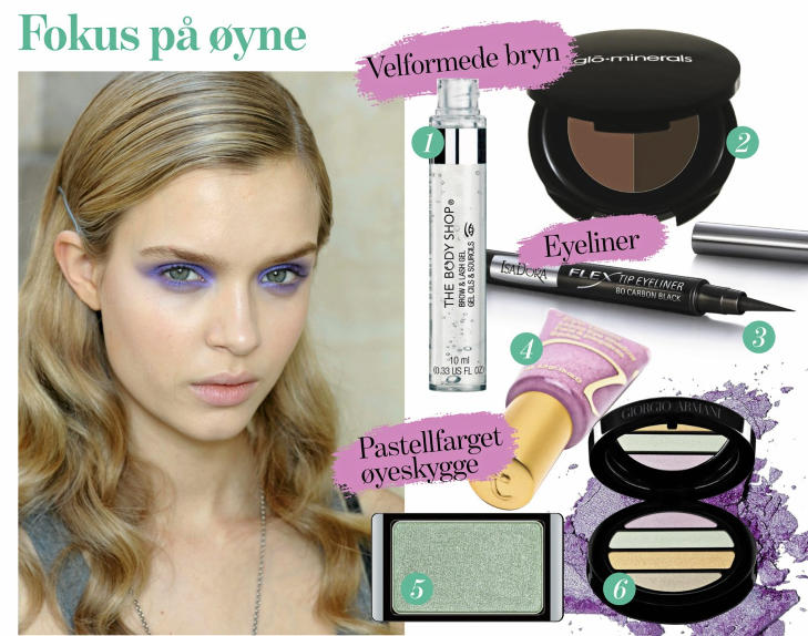 FOKUS P� �YNE: 1. Brow and lash gel fra The Body Shop, kr 129,- 2. �yebrynsskygge fra Glo Minerals, kr 305,- 3. Flex Tip Eyeliner fra Isadora, kr 109,-  4.Flytende �yeskygge i fargen pink silk fra Jane Iredale, kr 125,- 5. �yeskygge fra Artdeco i fargen 246, kr 95,- 6. �yeskygge fra Giorgio Armani, kr 455,-. Foto: Bulls og produsentene