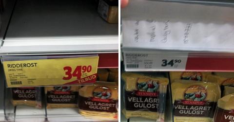 SAMME PRIS: Ridderost avbildet i februar i 2010. Ved å løfte på tilbudsmerket vises den hvite lappen med identisk pris. FOTO: Eigil Moe SAMME PRIS: Ridderost avbildet i februar i 2010. Ved å løfte på tilbudsmerket vises den hvite lappen med identisk pris. FOTO: Eigil Moe