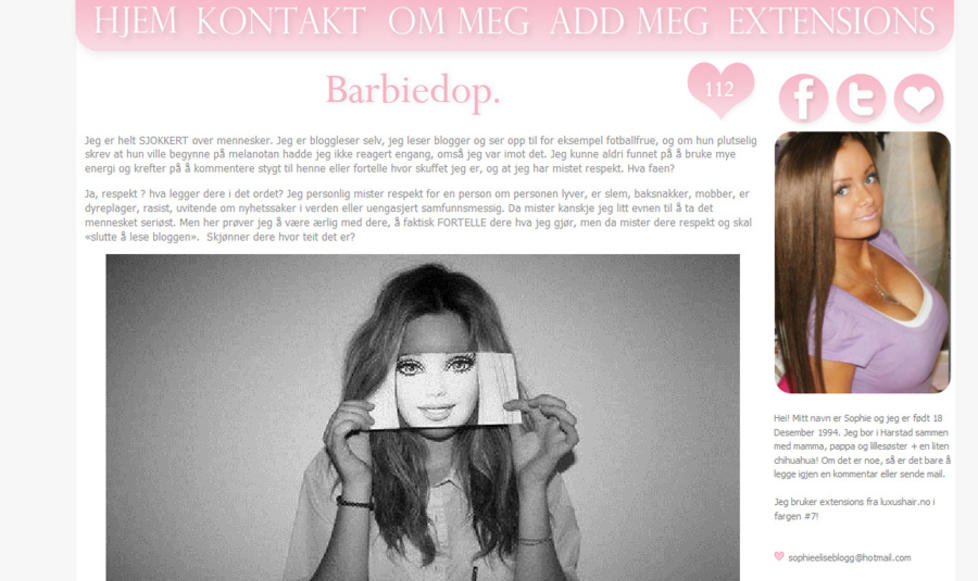 BLOGGER:  Sophie Elise Isachsen (17) har bestemt seg for � v�re �pen om sin bruk av det ulovlige legemiddelet melanotan. Tross helsemyndighetenes advarsler velger hun � bruke �barbiedopet�. Faksimile: sophieelise.blogg.no