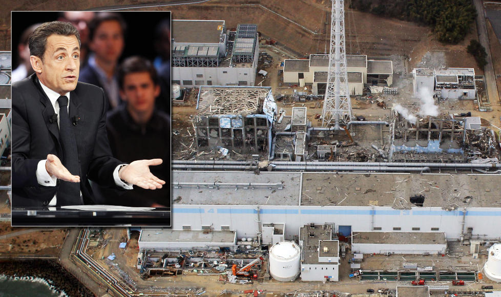 TABBET SEG UT: Nicolas Sarkozy m�tte innr�mme at bes�ket til Fukushima-anlegget var oppspinn, og at det bare var mij�vernminister Nathalie Kosciusko-Morizet som dro; selv kom han ikke lenger enn til Tokyo. Foto: EPA OG AFP / NTB SCANPIX