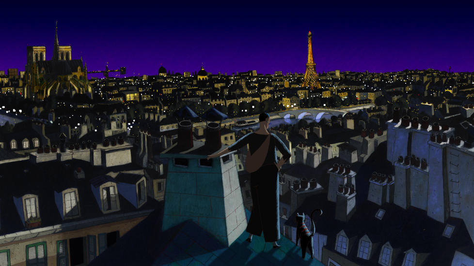 ANIMERT NOIR: Smykketyven Nico og katten Dino skuer ut over Paris i m�neskinn.