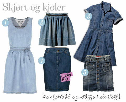 JEANSKJOLER: I tykt og tilgivende denimstoff, olakjole og olaskj�rt g�r rett inn som favoritter i hverdagsgarderoben. FOTO: Produsentene