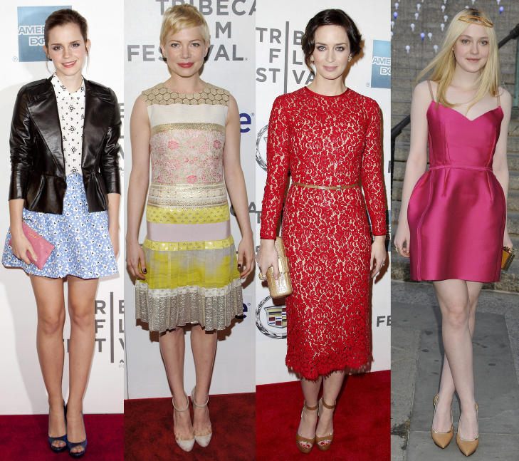 MIU MIU, GIAMBATTISTA VALLI, MICHAEL KORS OG LANVIN: Skuespillerne Emma Watson, Michelle Williams, Emily Blunt og Dakota Fanning i designerkjoler p� den r�de l�peren under Tribeca Film Festival i New York. Foto: Stella Pictures / Scanpix