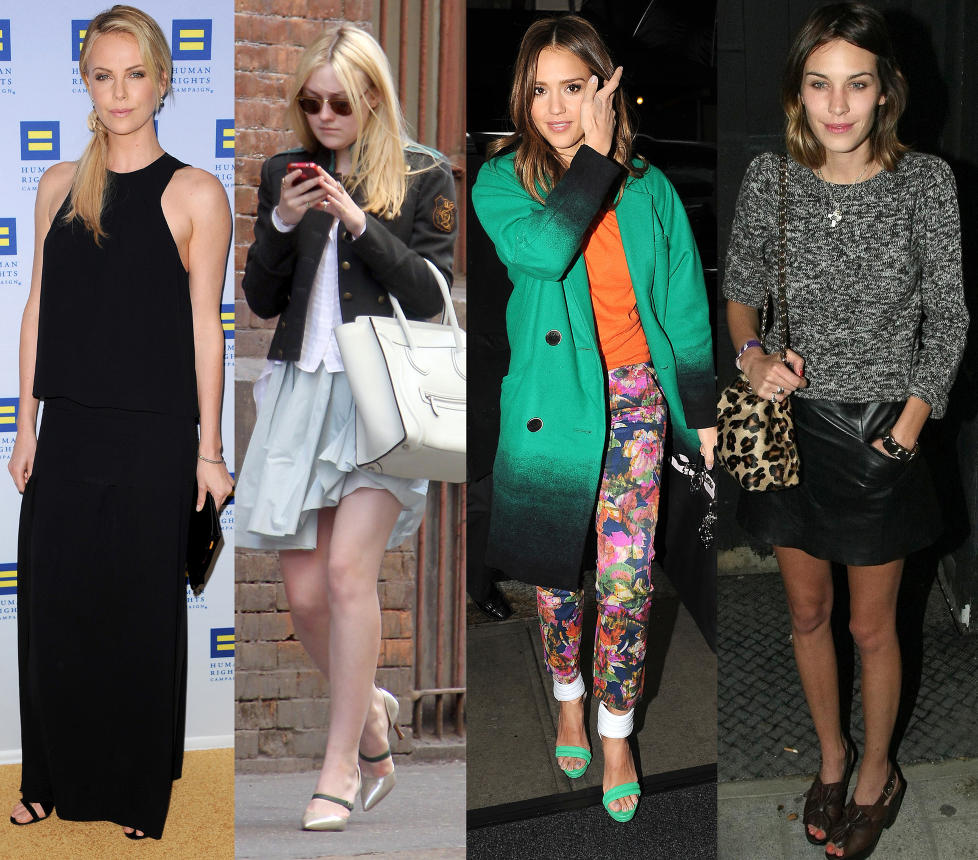I ACNE: Charlize Theron i sort Acne-kjole, Dakota Fanning i Acne-skj�rt, Jessica Alba i oransje genser fra Acne og it-jenta Alexa Chung i sort Acne-skj�rt. Foto: Stella Pictures