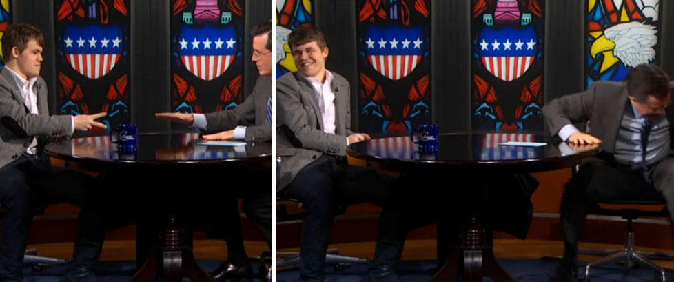 Her knuser Carlsen superstjernen Colbert i stein, saks, papir
