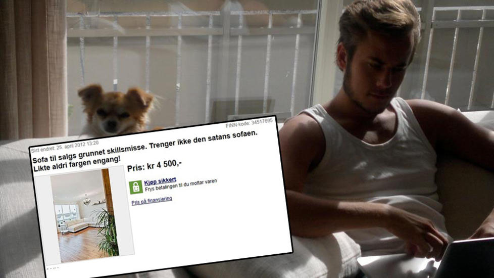 - SATANS CHIHUAHUA: Den hvite sofaen han sitter i var ikke det eneste Arvid �gotnes (27) kvittet seg med etter skilsmissen. - Det var jeg som ville ha hund - stor hund, men m�tte etter lange forhandlinger ta til takke med en rotte. Foto: skjermdump fra Finn.no/privat