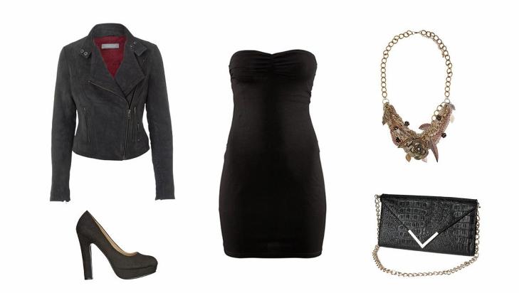 FEST: Svart skinnjakke fra Sams�e Sams�e(3900 kr), pumps fra Din Sko 8299 kr), kjole fra H&M (99 kr), kjede fra MI LAJKI/Nelly.com (149 kr),veske fra Gina tricot (199 kr). Foto: Produsentene