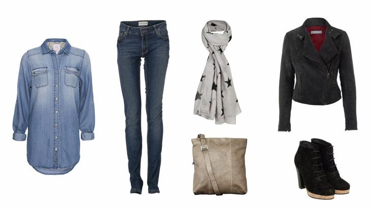 JOBB: Skjorte fra Moods of Norway (899 kr), jeans fra Sams�e Sams�e (1000 kr), veske fra Maani by Adax (1299 kr), skjerf fra Bik Bok (199 kr), skinnjakke fra Sams�e Sams�e (3900 kr), ankelboots fra Sams�e Sams�e (1800 kr). Foto: Produsentene