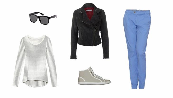 S�NDAGSTUR: Genser fra Lacoste (750 kr), solbriller fra H&M (49,50 kr), skinnjakke fra Sams�e Sams�e (3900 kr), sko fra Din Sko (349 kr), chinos fra Moods of Norway (999 kr). Foto: Produsentene