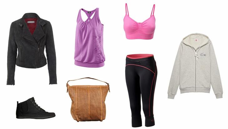TIL TRENING: Jakke fra Sams�e Sams�e (3900 kr), sko fra Din Sko (299 kr), treningstopp fra HM (99 kr), veske fra Maani by Adax (1699 kr), bukse fra Pierre Robert (299 kr), topp fra Gina Tricot (79 kr), hettegenser fra Lacoste (1250 kr). Foto: Produsentene