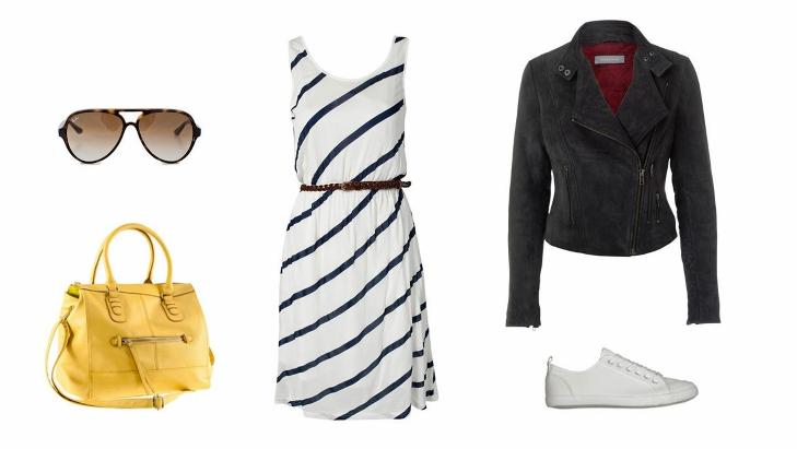 KAF�TUR: Veske fra H&M (299 kr), solbriller fra RayBan/Nelly.com (1495 kr), kjole fra Byoung/Nelly.com (399 kr), skinnjakke fra Sams�e Sams�e (3900 kr), sko fra Din Sko (299 kr). Foto: Produsentene