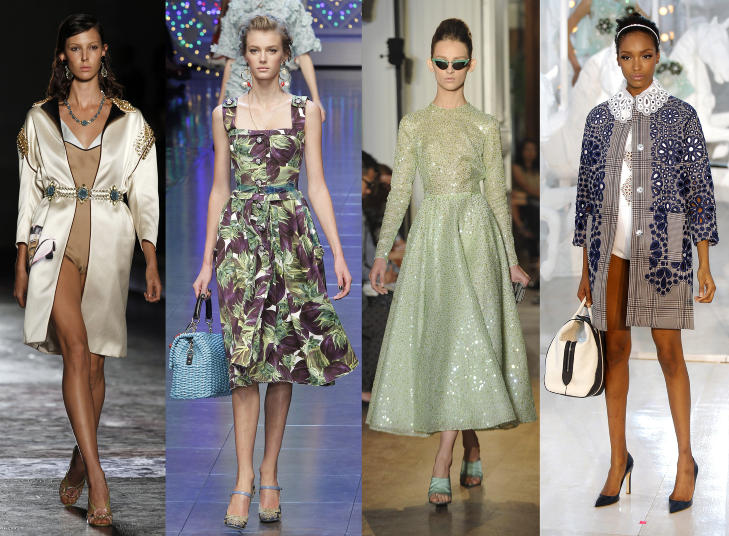 FEMTITALLSDILLA: (f.v.) Prada, Dolce & Gabbana, Rochas og Louis Vuitton har tydelig latt seg inspirere av femtitallet for v�ren. Foto: Scanpix / Stella Pictures