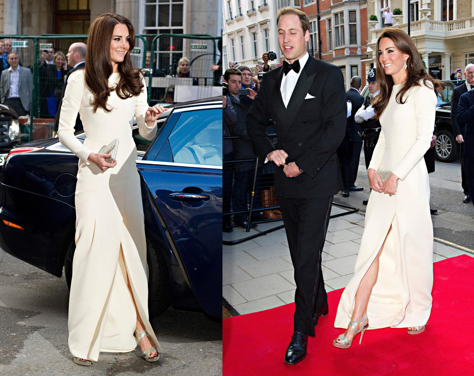 STR�LTE: Hertuginne Catherine av Cambridge lyste opp i denne langermede kjolen signert Roland Mouret p� vei inn til middag med ektemannen prins William og Thirty Club i London i g�r kveld. Foto: Scanpix