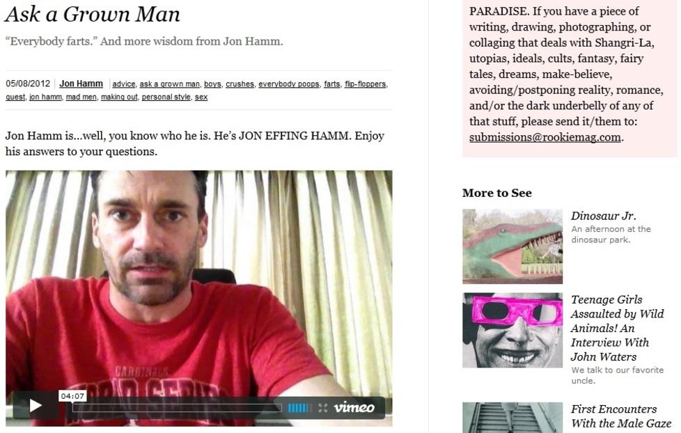 TEN�RINGSTERAPAUT: I en video laget i samarbeid med nettstedet Rookiemag.com svarer �Mad Men�-stjerna Jon Hamm (41) p� ten�ringenes sp�rsm�l. Foto: Faksimile Rookiemag.com