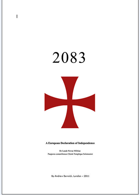 <b>MANIFESTET:</b> "2083 - a European Declaration of Independence" er det fulle navnet på Breiviks manifest. Her er omslaget på det over 1500 sider lange skrivet. Symbolet på omslaget er et malteserkors, som ble flittig brukt av ulike ridderordener i middelalderen. Tallet 2083 henspiller på at det i det året vil være 400 år siden slaget ved Wien (der muslimsk militær ekspansjon i Vest-Europa ble stanset).