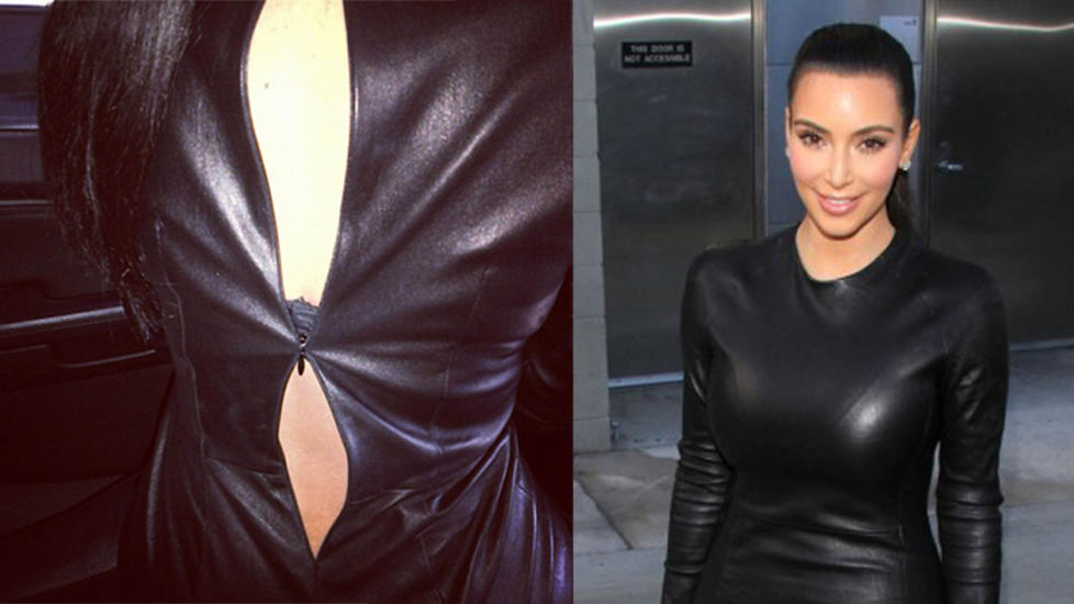 REVNET: Kim Kardashian la selv ut et bilde p� sin Twitter-profil som viser hvordan skinnkjolen hun skulle ha p� seg p� en TV-opptreden plutselig revnet. N� har hun lagt ut bilde av seg selv i kjolen etter at den ble fikset. Foto: Twitter Kim Kardashian