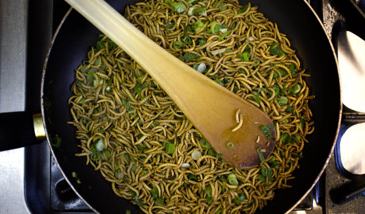 PROTEIN-RETT: Melbillelarver og vårløk blir stekt og forberedt som en av ingrediensene i quichen. Foto: REUTERS/Jerry Lampen/NTBScanpix PROTEIN-RETT: Melbillelarver og vårløk blir stekt og forberedt som en av ingrediensene i quichen. Foto: REUTERS/Jerry Lampen/NTBScanpix