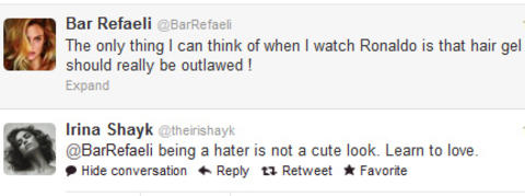 TWITTERKRANGEL: Irina Shayk likte d�rlig at Bar Refaeli kritiserte kj�resten hennes p� nettet. Foto: Twitter