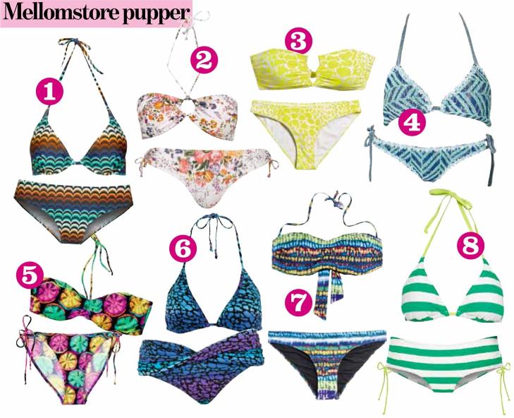 Mellomstore pupper: 1. KappAhl, kr 99,-/ 149,- 2. Cubus, kr 99,-/ 149,- 3. H&M, kr 79,-/ 129,- 4. Maggie May, kr 1448,- 5. Bj�rn Borg, kr 240,-/ 280,- 6. Accessorize, kr 179,- 7. Zara, kr 179,- per del 8. KappAhl, kr 99,-/ 149,- Produsentene