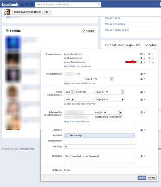 SLIK ENDRER DU: Den røde pilen viser hvordan innstillingene gjør at bare @facebook.com-adressen vises. Om du trykker på rullegardin-menyene kan du enkelt bytte om til jobb- eller privat-epostadressen. Foto: Faksimile SLIK ENDRER DU: Den røde pilen viser hvordan innstillingene gjør at bare @facebook.com-adressen vises. Om du trykker på rullegardin-menyene kan du enkelt bytte om til jobb- eller privat-epostadressen. Foto: Faksimile