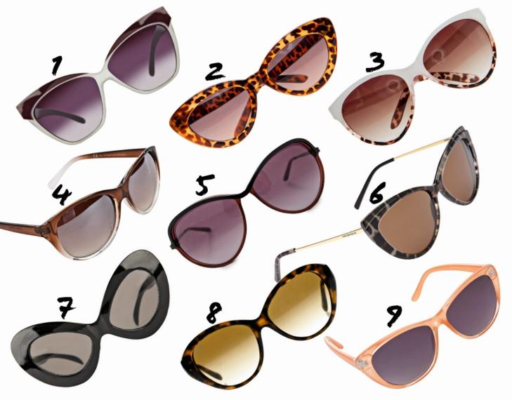 CATEYE: 1: Asos, kr 150. 2: Mango, kr 169. 3: Mango, kr 199. 4: Pieces, kr 150. 5: Tiger of Sweden, kr 1295. 6: YSL, kr 2855. 7: Asos, kr 120. 8: Ray Ban, kr 1150. 9: Lindex, kr 80.  FOTO: Produsentene