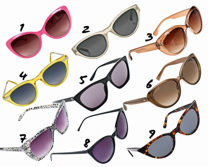 CATEYE: 1: Friis & Company, kr 329. 2: The Row/Net-a-porter.com, kr 2750. 3: Pieces, kr 129. 4: Friis & Company, kr 329. 5: Cheap Monday, kr 199. 6: Max Mara, kr 1745. 7: Cubus, kr 99. 8: Bik Bok, kr 79. 9: H&M, kr 199. FOTO: Produsentene.
