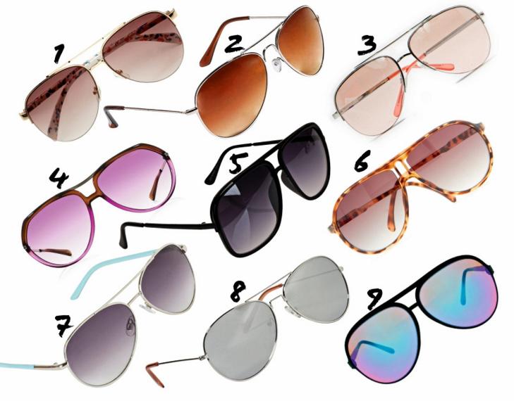 PILOTBRILLER: 1: Accessorize, kr 249. 2: La Redoute, kr 129. 3: Mango, kr 169. 4: Miu Miu/Net-a-porter.com, kr 1390. 5: Pieces, kr 149. 6: Mango, kr 199. 7: MQ, kr 129. 8: Lindex, kr 60. 9: Asos, kr 120. FOTO: Produsentene.