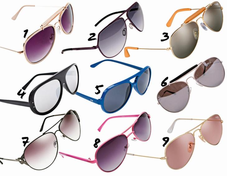 PILOTBRILLER: 1: Bik Bok, kr 99. 2: �rgreen, kr 2395. 3: Ray Ban, kr 1350. 4: Cheap Monday, kr 199. 5: Cubus, kr 49. 6: Friis & Company, kr 399. 7: Dyrberg & Kern, kr 689. 8: Glitter, kr 80. 9: Ray Ban, kr 1200. FOTO: Produsentene