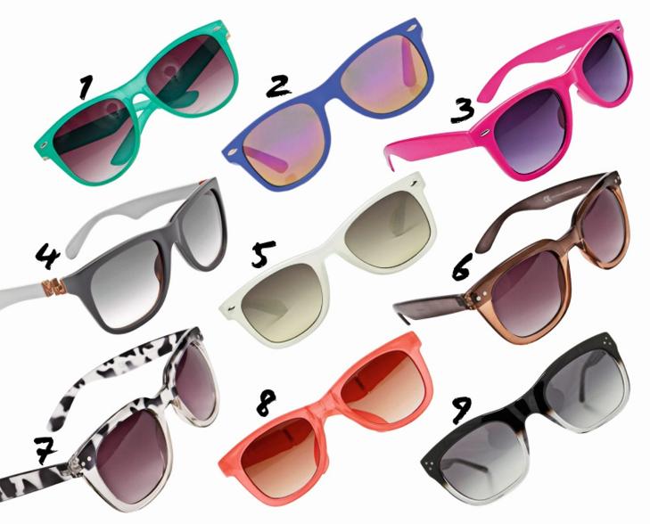 WAYFARER: 1: Mango: kr 189. 2: Aldo, kr 139. 3: Glitter, kr 80. 4: Marc Jacobs, kr 1520. 5: Monki, kr 100. 6: Pieces, kr 149. 7: Pieces, kr 130. 8: Mango, kr 189. 9: Tiger of Sweden, kr 1795. FOTO: Produsentene.