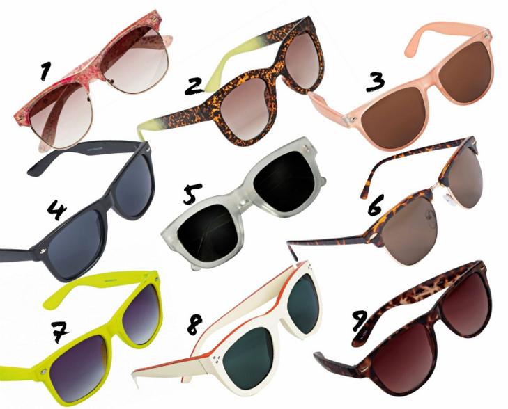 WAYFARER: 1: Accessorize, kr 199. 2: Zara, kr 179. 3: Lindex, kr 80. 4: Cubus, kr 79. 5: Acne, kr 1995. 6: Cubus, kr 79. 7: Bik Bok, kr 79. 8: H&M, kr 99. 9: Gina Tricot, kr 59. FOTO: Produsentene.